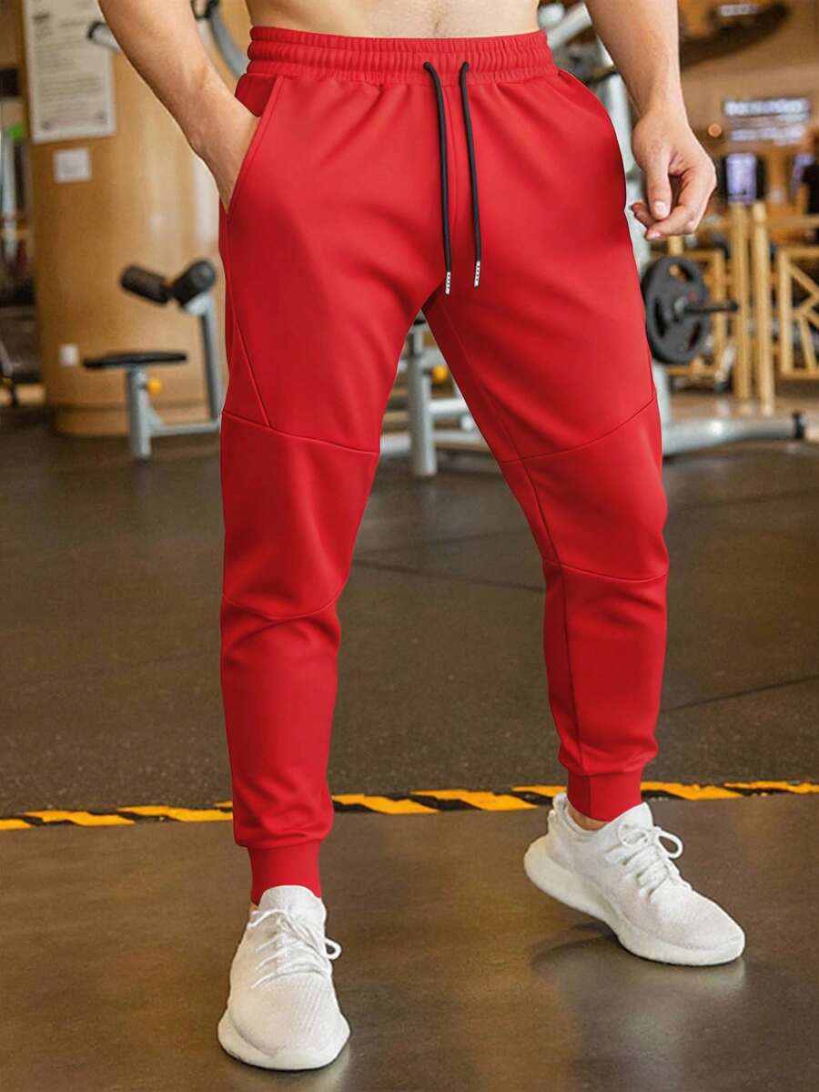 Manfinity Homme Men's Solid Color Drawstring Waist Pockets Jogger Sweatpants Men Slim Fitted Elastic Pants Red Sweatpants Men Jogger For Men - Red - View 1