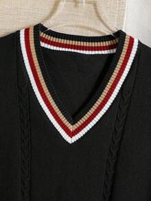 Tween Boys' Casual V-Neck Contrast Trim Sleeveless Knit Sweater Vest,Thanksgiving,Christmas,Winter,Winter Clothes,Cozy Fall & Winter Styles, - Black - View 3