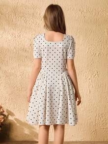 女童可爱方领泡泡袖及膝连衣裙，夏季 - 杏色 - 查看 2