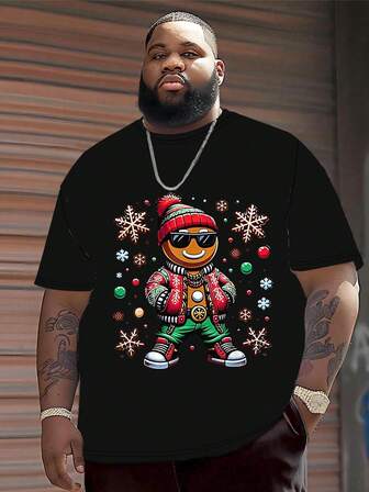 Manfinity Męska koszulka z nadrukiem piernikowego ludzika w dużym rozmiarze, z okrągłym dekoltem i krótkim rękawem, na co dzień