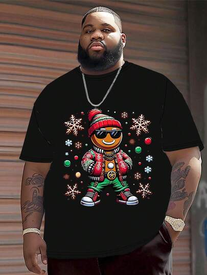 Manfinity تي شيرت كاجوال بياقة طاقم وأكمام قصيرة مطبوعة برجل الزنجبيل لرجال البدناء