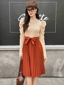 Teen Girls' Elegant Midi Dress,Beige Ribbed Knit Top With Puff Sleeves & Brown Pleated Skirt,Bow Belt,Autumn Graduation Teen Formal Casual Outing - Apricot - View 5