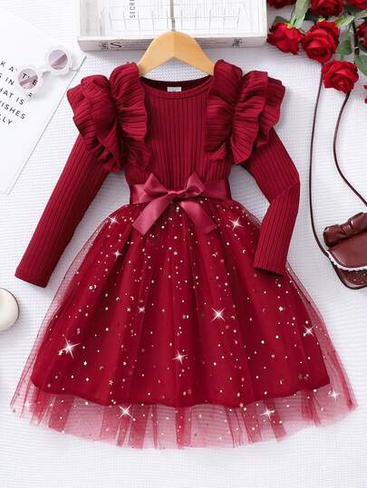 Girls' Cute Round Neck Ribbed Ruffle Long Sleeve Patchwork Polka Dot Mesh Tulle Party Dress With Belt, Christmas Party Dress