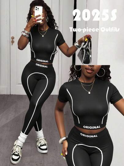 Slaydiva 2025 Summer And Autumn New Casual Simple Black Slim Short-Sleeved Cropped Contrast Line T-Shirt + Slim Long Leggings Women Two Pieces Set, Suitable For Daily Travel, Back To School, Graduation, Brunch Outfit, Airport Outfit, Party Gatherings, Festivals, Travel,Simple, Versatile, Casual-A