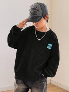 SHEIN 兒童青少年男孩黑色秋季街頭風返校風格紋理抓絨圓領套頭衛衣，休閒校園日常穿著，運動 - 黑色 - 查看 4