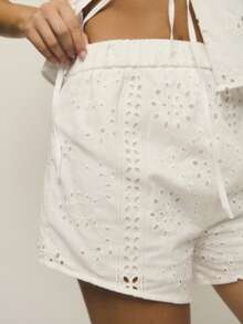 Nöista Off-White Summer Elegant Vacation Holiday Broderie Anglaise Crop Top & High-Waist Eyelet Shorts Set,Cotton Puff Sleeve Tie-Front Top 2pcs Outfit - White - View 6