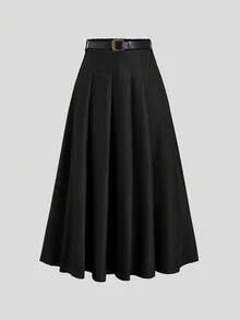 Sweetra تنورة أنيقة بخطوط منسدلة على شكل حرف A، لون بني دافئ مناسب للخريف والشتاء، تصميم فريد مع حزام مميز، تناسب الجسم بشكل مُرضٍ - الأسود - مشاهدة 2