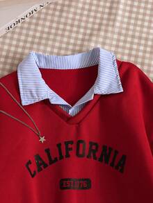 Teen Girl Casual Pullover Sweatshirt, Versatile For School & Commute, 2 In 1 Sweatshirt With Shirt Collar, Numeric & Letter, Leopard Print Pattern, Loose Fit - Burgundy - View 3