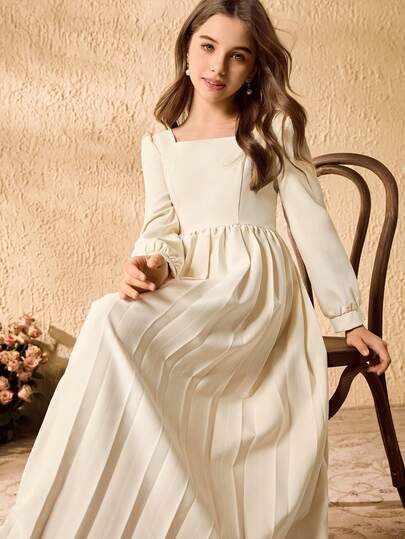 女童优雅简约时尚方领长灯笼袖高腰连衣裙，杏色百褶长裙，适合正式场合，四季皆宜