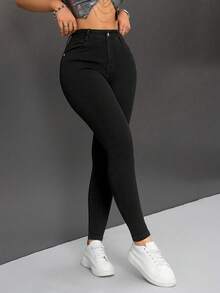 SHEIN PETITE Casual Solid Color Slim Fit Thermal Lined Jeans - Multicolor - View 3