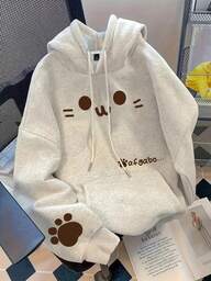 SHEIN MOOSTA 女式加大码猫爪和猫脸印花保暖抽绳连帽衫