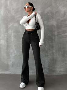 SHEIN Tall TALL 98%Cotton Solid Color Slanted Pocket Casual Flared Jeans Flare Jeans Women Black Flare Jeans Black Flare Pants Wide Leg Jeans - Dark Wash - View 3