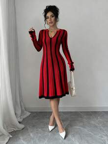 Elenzga 女士时尚优雅撞色黑红V领毛衣连衣裙 - 黑色 - 查看 5