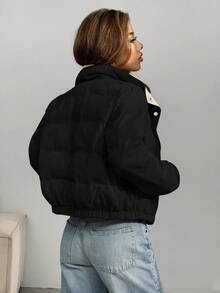 SHEIN EZwear 秋冬季双面按扣拉链灯芯绒羽绒服，女士秋季服装，女士冬季服装黑色夹克，女士短款羽绒服，黑色短款夹克，短款夹克，罗纹灯芯绒夹克 - 黑色 - 查看 2