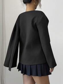 SHEIN Elenzya 秋冬复古巧克力色披肩领外套 - 黑色 - 查看 2
