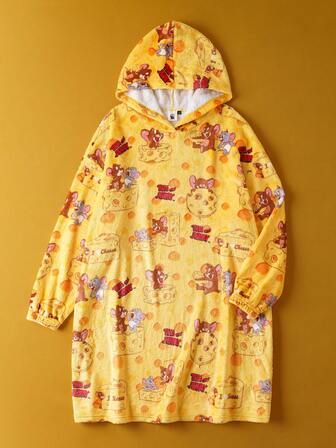 TOM & JERRY X SHEIN Plusstorlek Dam Casual Söt Tecknad Osttryck Nedsänkt Axel Löst Varmt Fleece Nattlinne med Huva, Höst/Vinter