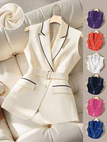 Regalyn سترة صيفية بياقة مدببة مع تريم متباين للمقاسات الكبيرة، بتصميم بسيط للتنقل