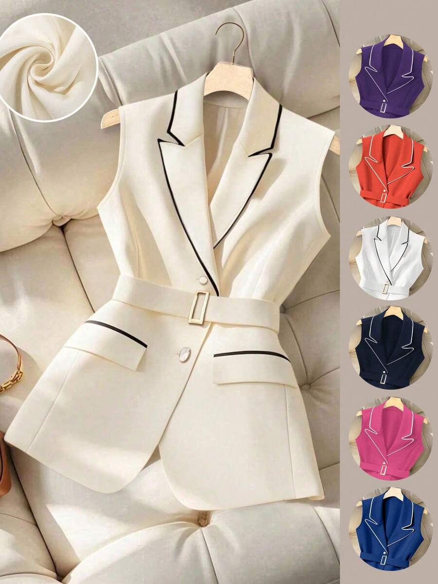 Regalyn سترة صيفية بياقة مدببة مع تريم متباين للمقاسات الكبيرة، بتصميم بسيط للتنقل