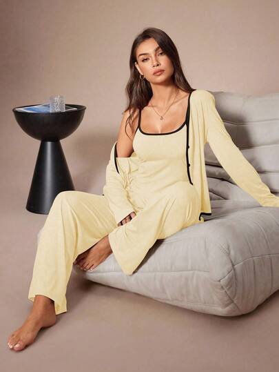 Lazeform 3pcs Women Casual Solid Color Fitted Long Sleeve Top With Camisole And Pants Loungewear Set, Fall & Winter Clothes