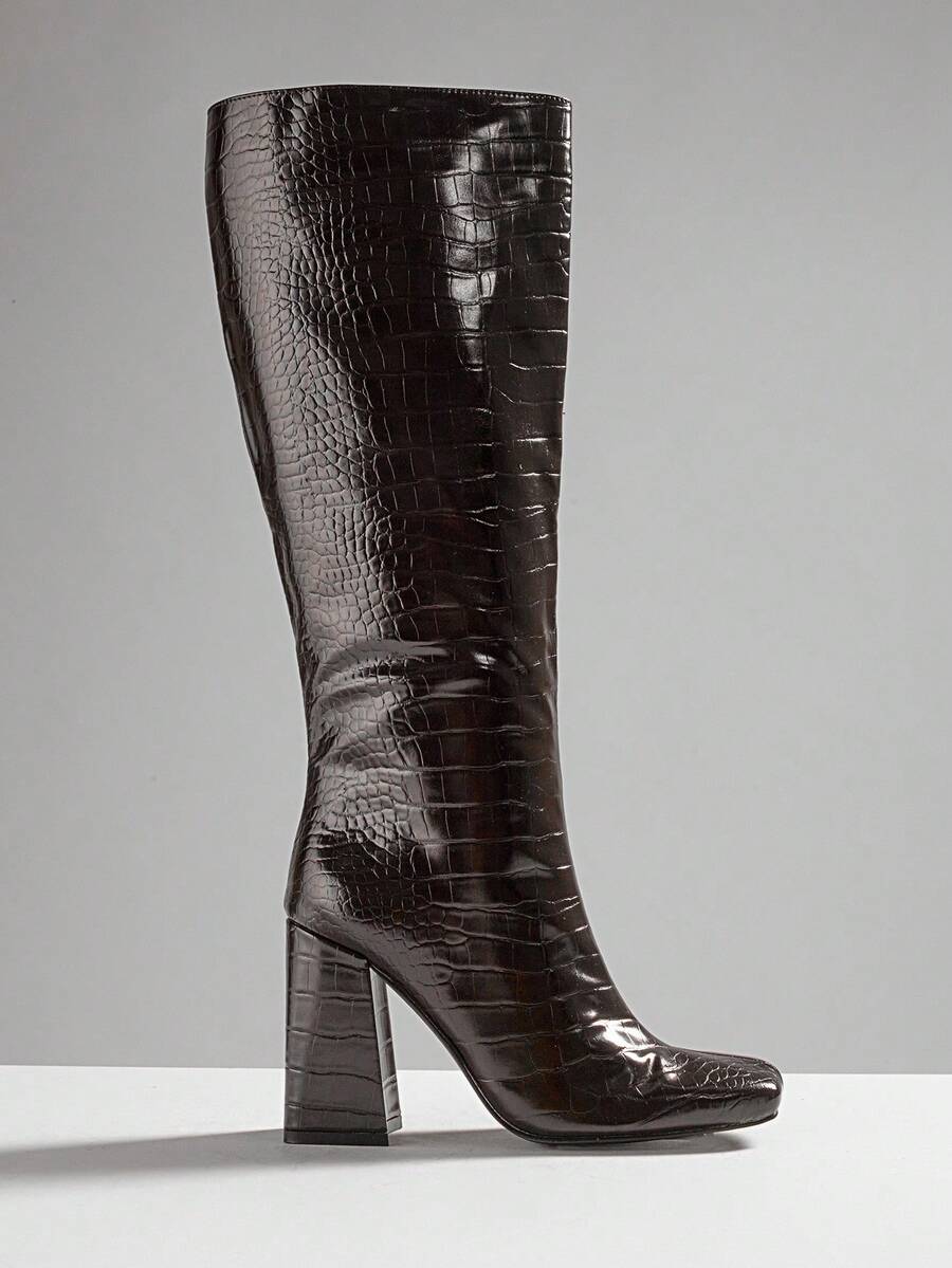 Solezae Women's Fashionable & Comfortable Knee-High Side Zipper Chunky Heel Boots For Christmas - Chocolate Brown - View 1