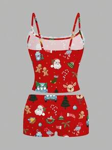 SHEIN EZwear 2件套女士蕾丝吊带背心和褶皱短裤，适合夏季 - 紅色 - 查看 3