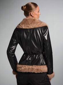 SHEIN BAE Women's Fluffy Panel Front Button Closure Long Sleeve Casual PU Leather Trench Coat Fall Winter Cloth For Women, With Fox Fur Cuff, Lapel Design - Black - View 2