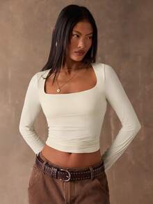 SHEIN BAE 女士奶油色性感方领修身长袖上衣，适合休闲穿着，打造时尚街头风，也适合派对、夜店、约会、圣诞节、感恩节、夜店、新年等场合，简约百搭。 - 白色 - 查看 8