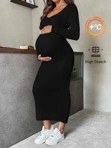 SHEIN 孕妇休闲纯色修身针织连衣裙，秋冬季 - 黑色 - 查看 1