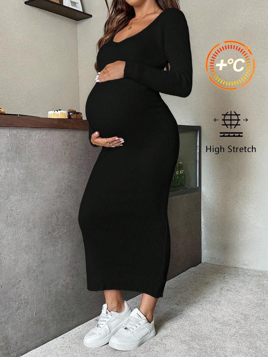 SHEIN 孕妇休闲纯色修身针织连衣裙，秋冬季 - 黑色 - 查看 1