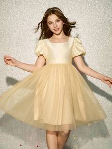 Tween Girls' Square Neck Puff Sleeve Beaded Mesh Splice Elegant Halloween, Christmas, Wedding Occasion Dress - Apricot - View 1