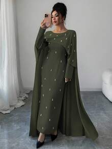 Elenzga 女士优雅长款绿色军装连衣裙，新年礼服，感恩节服装，优雅派对礼服，长款派对礼服，婚礼宾客礼服，时尚婚礼晚礼服，闪亮连衣裙 - 軍綠色 - 查看 3