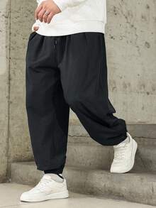 Manfinity Homme Plus Size Solid Color Loose Casual Cargo Pants With Pockets - Black - View 3