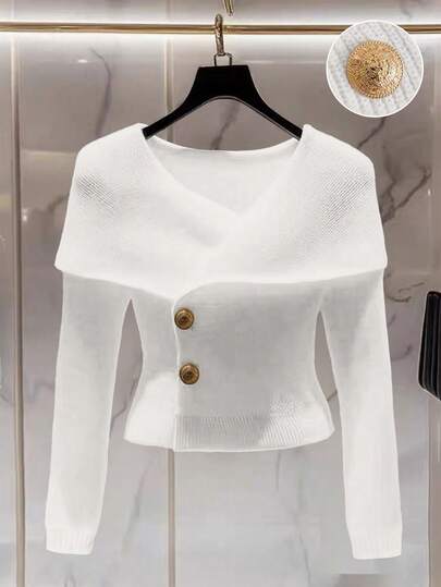 Franclia Women's Simple And Fashionable Cross-Lapel Minimalist Fashion Cross V-Neck Solid Color Straight Shoulder Long Sleeve Metal Button Slim Fit Plus Size Knitted Vintage Elastic Collar Sweaters Chic Cardigan Casual Business Office Elegant Tops, Spring Fall Winter