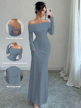 Rafferiza Vestido de punto acanalado con mangas largas, cintura ceñida, doble capa, hombros descubiertos, espalda descubierta, doblez en forma de cola de pez, blanco, vestimenta de mujer de largo maxi para otoño/invierno