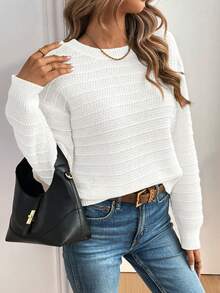 SHEIN LUNE Áo len chui đầu dáng rộng tay dài trễ vai màu trơn trang trí nơ giản dị - trắng - Xem 3