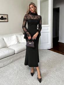 Elenzga 新款秋冬纯色性感蕾丝拼接吊带鱼尾连衣裙，长袖荷叶边下摆，前中鱼骨线分割，吊带长拖尾，女士长裙，适合派对、万圣节、圣诞节、节日活动、约会等场合。 - 黑色 - 查看 5