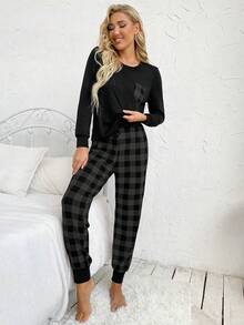 Lazeform Women's Plaid Print Long Sleeve Pajama Set With Pockets, Fall Winter Clothes - Dark Grey - View 4