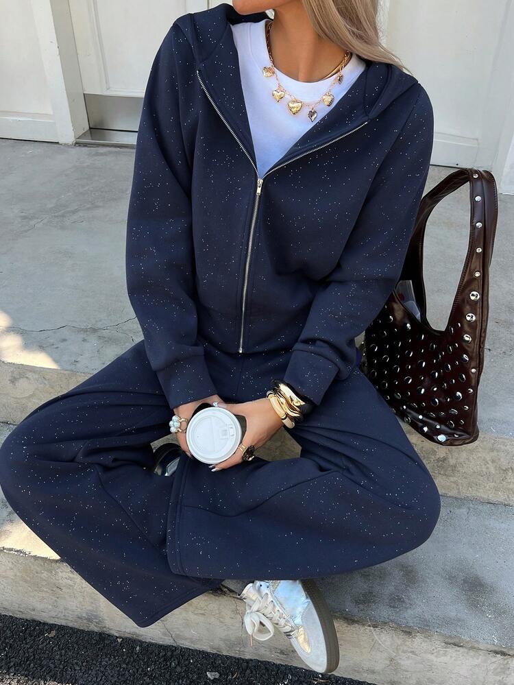 Women's Casual Hooded Sweatshirt Sweatshirt And Wide Leg Pants 2 Pieces Set, Autumn Lounge Sets For Women