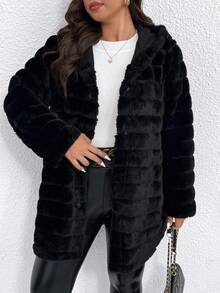 SHEIN Clasi 大码女式奢华休闲仿皮草连帽夹克 - 黑色 - 查看 3