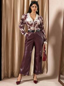 Zelara Plus Size Versatile PU Flare Pants, Suitable For Work, Commute And Casual Wear Brown Leather Pants Leather Pants For Women - Burgundy - View 2