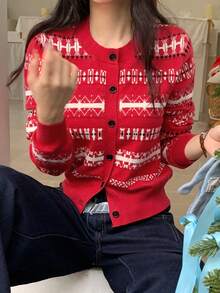 DAZY Contrast Color Jacquard Red Christmas Combination Long Sleeve Round Neck Casual Knit Sweater For Women,New Year - Red - View 8