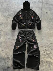 AXEPEAK 男士落肩长袖休闲创意时尚百搭连帽衫套装 - 黑色 - 查看 1