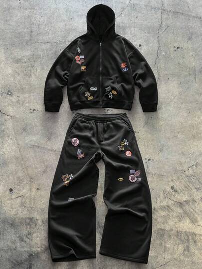 AXEPEAK 男士落肩长袖休闲创意时尚百搭连帽衫套装