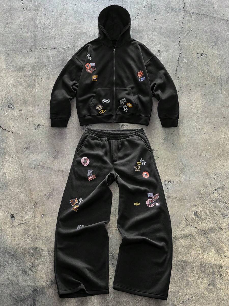 AXEPEAK 男士落肩长袖休闲创意时尚百搭连帽衫套装 - 黑色 - 查看 1