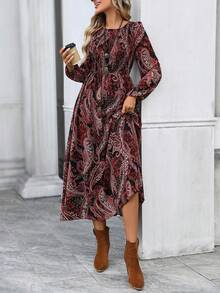 EMERY ROSE Đầm dài thắt eo họa tiết Paisley cổ điển dành cho nữ, cổ tròn, tay dài - Nhiều màu - Xem 4