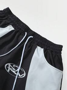 ROMWE MEN Pantalones deportivos casuales de hombre con diseño de parches de color contrastante y bajo curvo - Negro - Ver 6