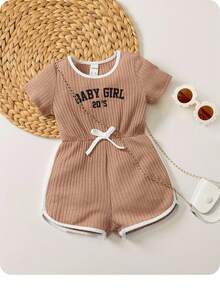 Baby Girl Casual Everyday Commute Sports Style Letter Contrast Piping Ribbed Knit Romper, Summer - Apricot - View 1