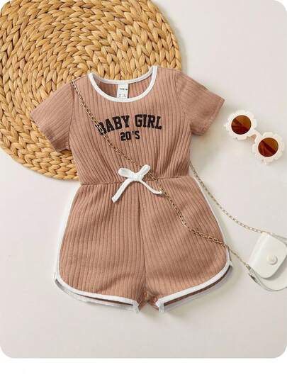 ベビー女の子 カジュアル 日常着 スポーツスタイル レター コントラストパイピング リブニット ロンパース、夏