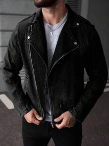 Manfinity Roughcore Men's Medium Blue Mature Street Style Denim Long Sleeve Jacket With Collar And Zipper - Black - View 3