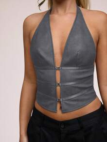 SHEIN BAE Women's Fashionable Sexy Backless Halter Top - Dark Grey - View 6